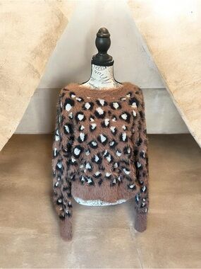 SHEIN Brown Leopard Print Fuzzy Cowl Sweater